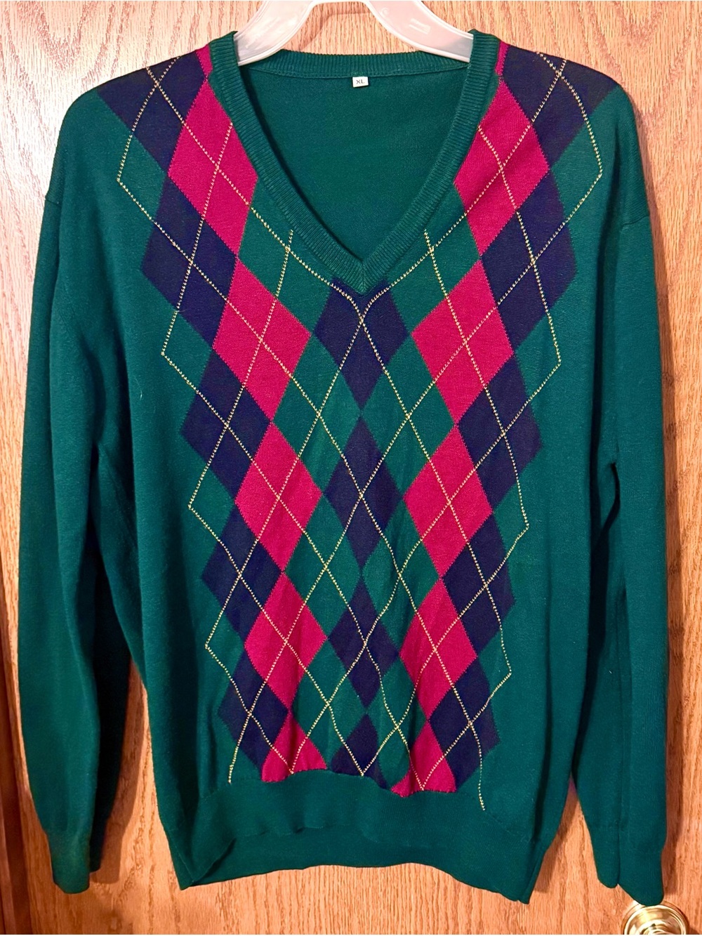 Vintage 90s V-neck Argyle Ltweight Sweater EUC XL Green Magenta Navy Grandpacore